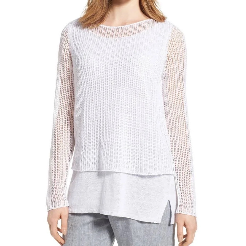 Eileen Fisher Knit Linen Mesh Layered Tiered‎ Sweater Minimalist White Lagenlook